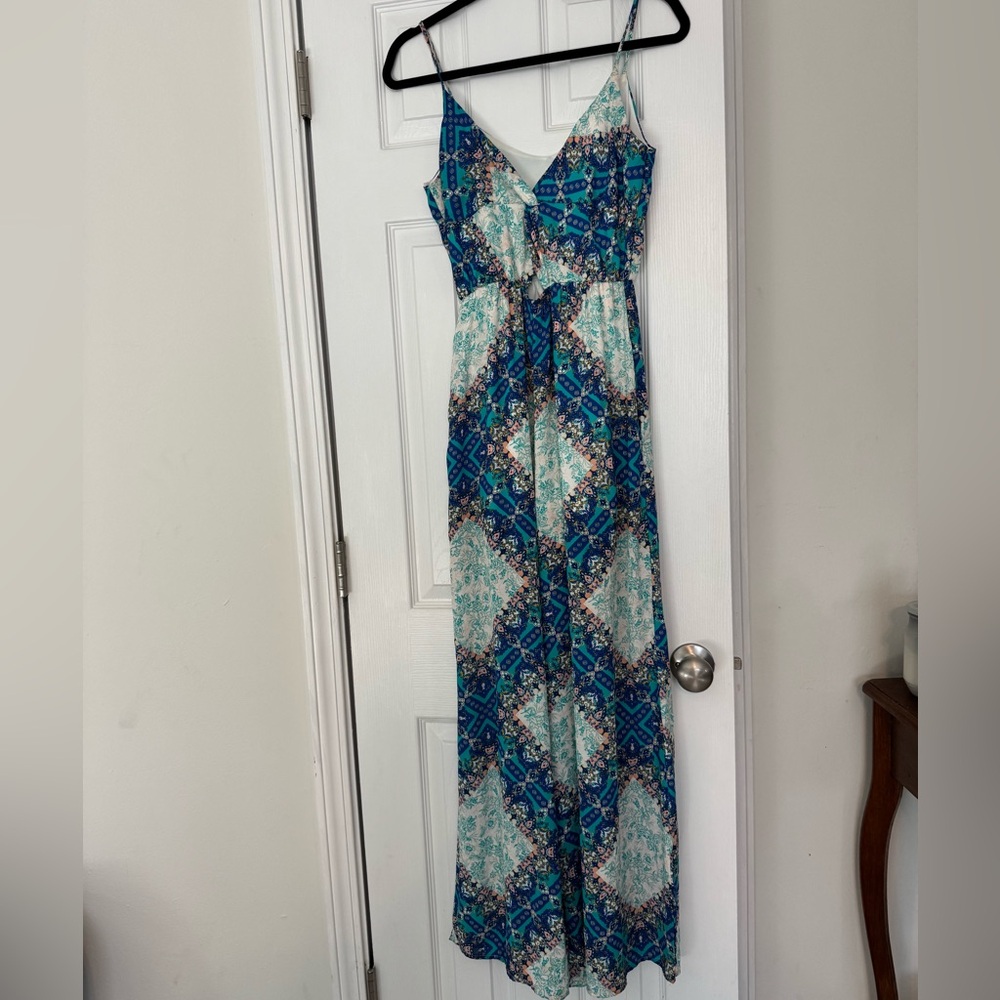Peach Love California Blue and White Patterned Wide Leg Jumpsuit